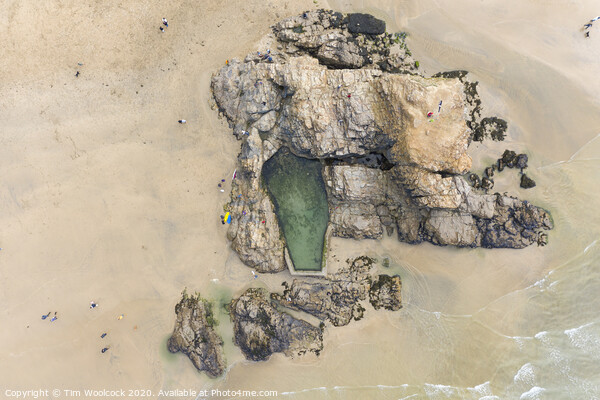 Aerial photograph of the swimming pool on Perranporth Beach nr Newquay, Cornwall, England. Picture Board by Tim Woolcock