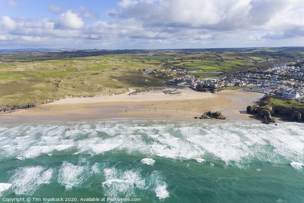 Aerial photograph of Perranporth Beach nr Newquay, Cornwall, England. Picture Board by Tim Woolcock