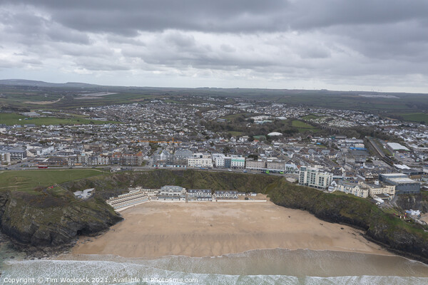 Aerial photograph of Newquay beach with a moody sky Picture Board by Tim Woolcock
