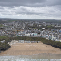 Buy canvas prints of Aerial photograph of Newquay beach with a moody sky by Tim Woolcock