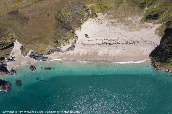 Aerial photograph of Lantic Bay, Cornwall, England. Picture Board by Tim Woolcock