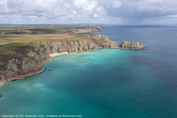 Aerial photograph of Porthcurno Beach nr Lands End, Cornwall, En Picture Board by Tim Woolcock