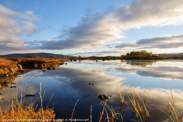 Serene Reflections: Autumn Sunrise on Loch Ba Picture Board by Mark Greenwood