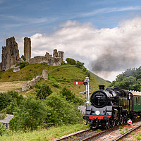 Buy canvas prints of Steam Train passing Corfe Castle, Dorset by Joy Newbould