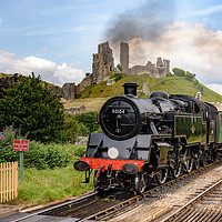 Buy canvas prints of Steam Engine No 80801 as it passes Corfe Castle in by Joy Newbould