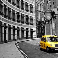 Buy canvas prints of Yellow Taxi in London by Jim Hughes