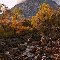 Buy canvas prints of A waterfall with Buachaille Etive Mor in the background by Tony Bishop