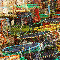 Buy canvas prints of Crab pots stacked in Brixham Harbour by Tom Wade-West