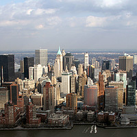 Buy canvas prints of New York. Helicopter view of lower Manhattan Skyli by Roman Korotkov