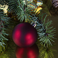 Buy canvas prints of Close up of a red ornament with fir branches on a gold backgroun by Thomas Baker