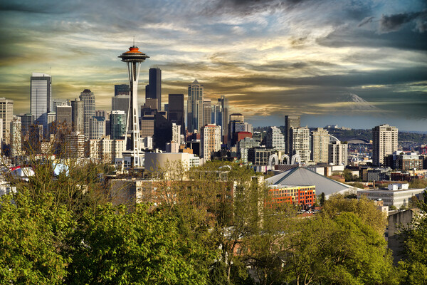 Seattle City Skyline during light sunset  Picture Board by Thomas Baker