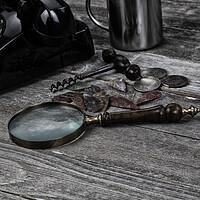 Buy canvas prints of Vintage collection of magnify glass, silver coins, native Americ by Thomas Baker