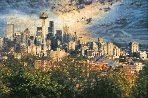 Digital painting of City of Seattle Washington during late summe Picture Board by Thomas Baker