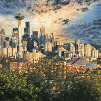 Buy canvas prints of Digital painting of City of Seattle Washington during late summe by Thomas Baker