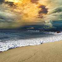 Buy canvas prints of Sunset over Pacific Ocean with clean sandy beach  by Thomas Baker