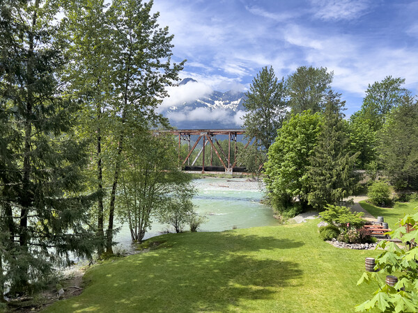 Washington State outdoor park showing bridge with Skykomish rive Picture Board by Thomas Baker