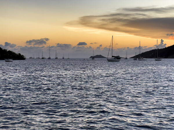 Caribbean Sea sunset with sail boats  Picture Board by Thomas Baker