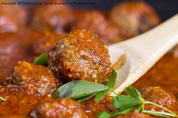 Freshly cooked meatballs in red sauce  Picture Board by Thomas Baker