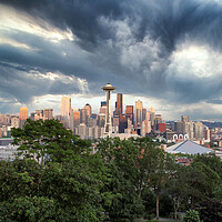 Buy canvas prints of Skyline of Seattle Washington with storm approaching  by Thomas Baker