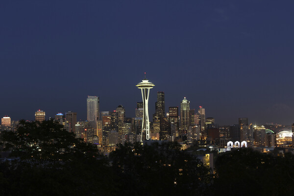 Twilight Skyline of Seattle Washington Picture Board by Thomas Baker