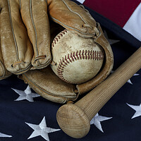 Buy canvas prints of Vintage baseball items with American flag in backg by Thomas Baker