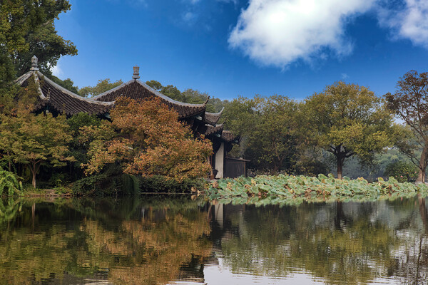 Asian temples on placid lake during late autumn  Picture Board by Thomas Baker