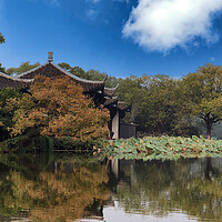 Buy canvas prints of Asian temples on placid lake during late autumn  by Thomas Baker