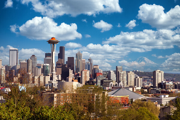 Seattle, Washington State, USA with Mount Rainier  Picture Board by Thomas Baker