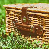 Buy canvas prints of Picnic Basket Hamper With Leather Handle In Green  by Radu Bercan