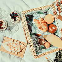 Buy canvas prints of Picnic Basket With Fruits, Orange Juice, Croissant by Radu Bercan