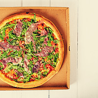 Buy canvas prints of Italian Pizza With Green Fresh Rucola (Arugula), P by Radu Bercan