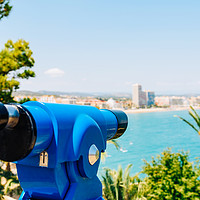 Buy canvas prints of Blue Coin Operated Telescope Of Panoramic Tropical by Radu Bercan