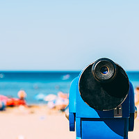 Buy canvas prints of Blue Coin Operated Telescope With Beach And Ocean  by Radu Bercan