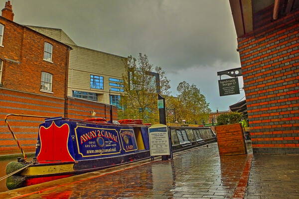 Canal Boat at the Waters` Edge, Brindley Place Picture Board by Catchavista 