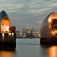 Buy canvas prints of Thames Barrier at sunset by Julian Paynter