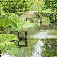 Buy canvas prints of River Eye with footbridge at Lower Slaughter Cotswolds by Nick Jenkins