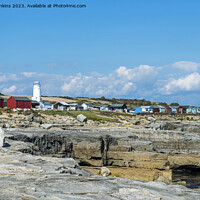 Buy canvas prints of Beach Huts and Old Lighthouse Portland Bill  by Nick Jenkins