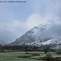 Buy canvas prints of Langdale Pikes under Snow and Foggy Mist Langdale Valley  by Nick Jenkins