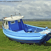 Buy canvas prints of Lovely Blue Boat at Penclawdd Gower in August  by Nick Jenkins