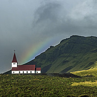 Buy canvas prints of Vik Church and Rainbow Iceland by Nick Jenkins