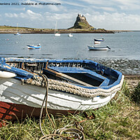 Buy canvas prints of Rowing Boat and Castle Lindisfarne Northumberland by Nick Jenkins
