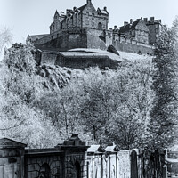 Buy canvas prints of Edinburgh Castle from St Cuthbert Kirkyard #3 mono by Angus McComiskey