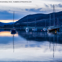 Buy canvas prints of Yachts moored on Loch Broom at daybreak by Angus McComiskey