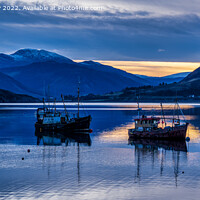 Buy canvas prints of Fishing boats moored on Loch Broom at daybreak by Angus McComiskey