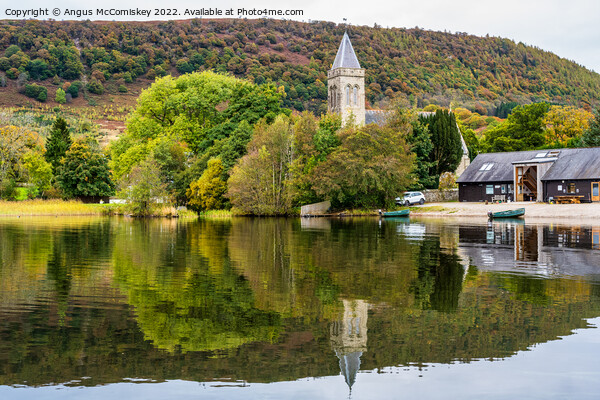 Church tower and Lake of Menteith Fisheries cabin Picture Board by Angus McComiskey