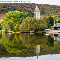 Buy canvas prints of Church tower and Lake of Menteith Fisheries cabin by Angus McComiskey