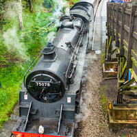 Buy canvas prints of Steam locomotive 75078 departing Haworth Station by Angus McComiskey