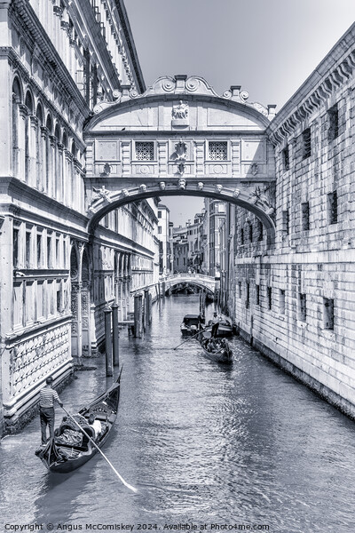 Gondolas under the Bridge of Sighs in Venice (B&W) Picture Board by Angus McComiskey