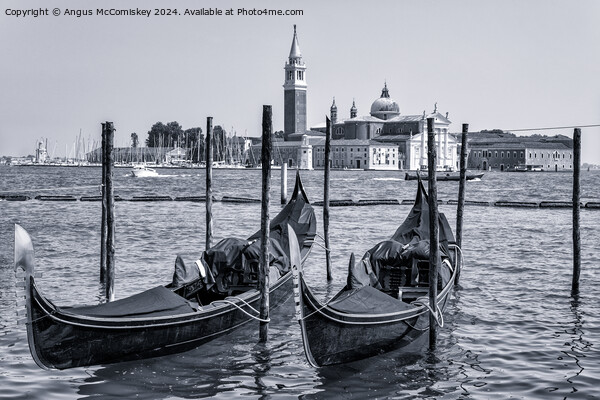 Gondolas on waterfront promenade in Venice (B&W) Picture Board by Angus McComiskey