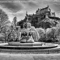 Buy canvas prints of Ross Fountain and Edinburgh Castle in spring mono by Angus McComiskey